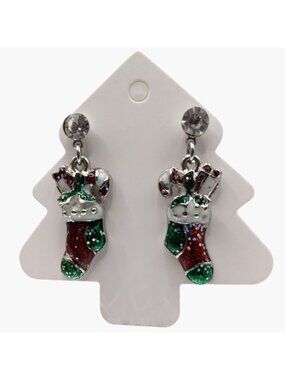 Christmas Stocking Charm Earrings Enamel Rhinestone Holiday Jewelry